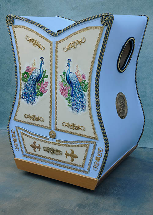 Beauty and the Beast Madame de la Grande Bouche transformation wardrobe costume hire mobile on wheels hand painted peacocks